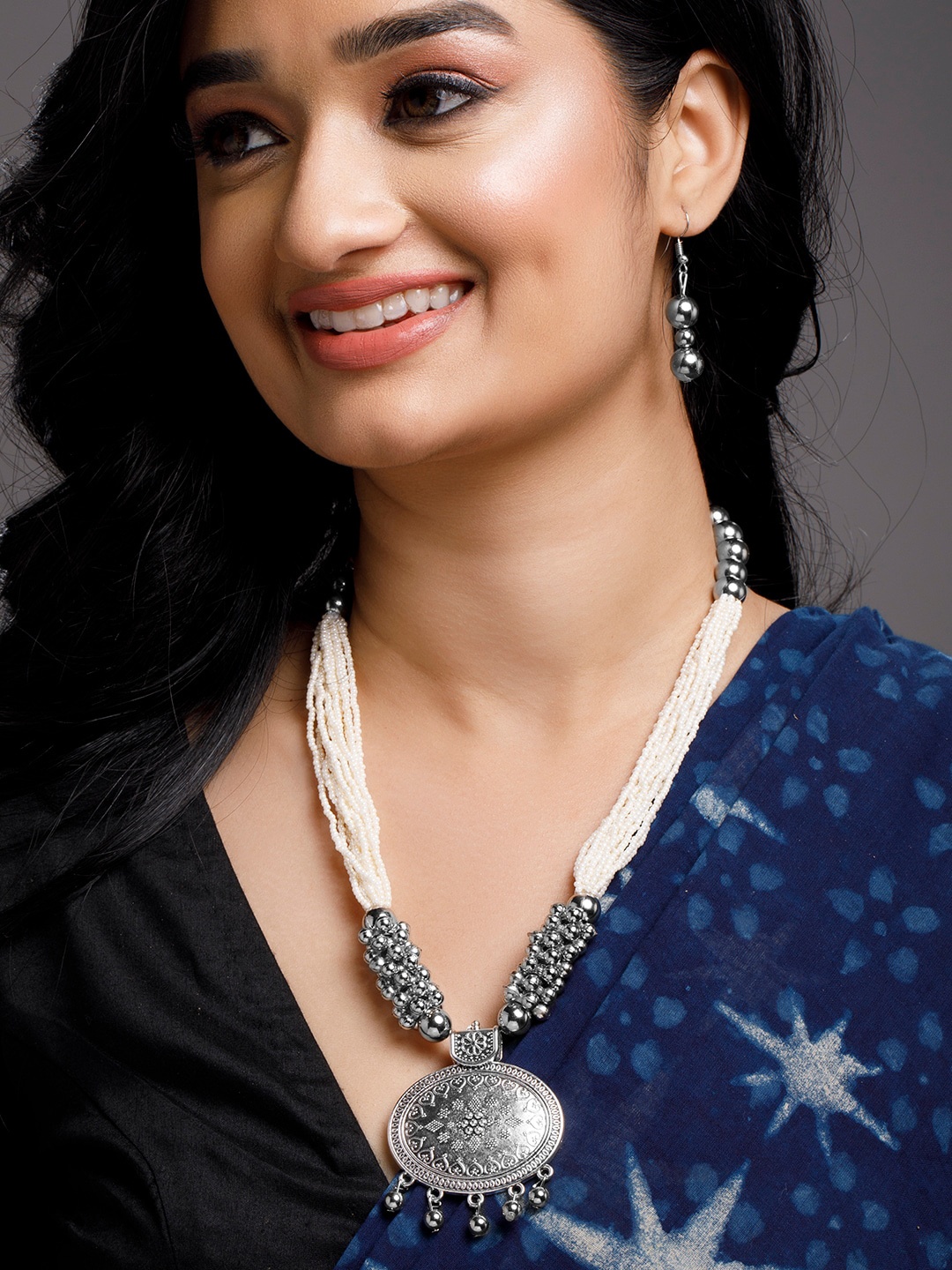 

Anouk Women Silver Plated & White Beaded Layered Jewellery Set