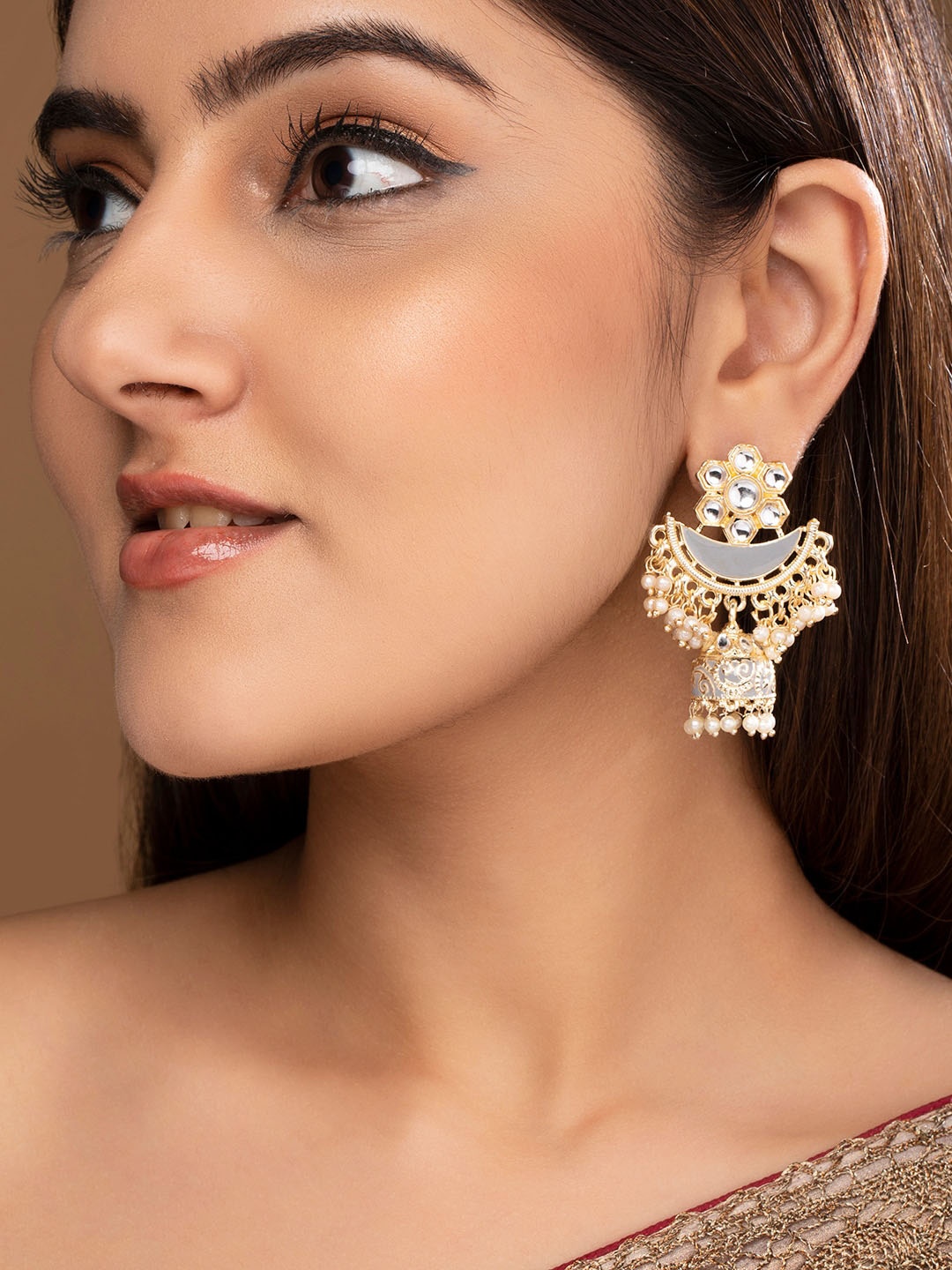 

Anouk Gold-Plated White Kundan Chandbali Jhumkas