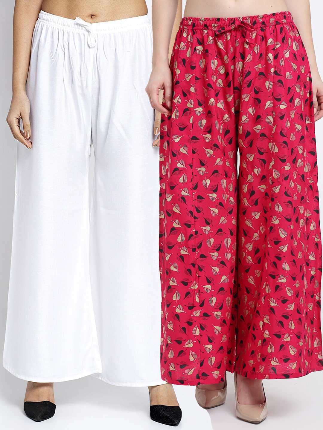 

Jinfo Women White & Pink Flared Palazzos