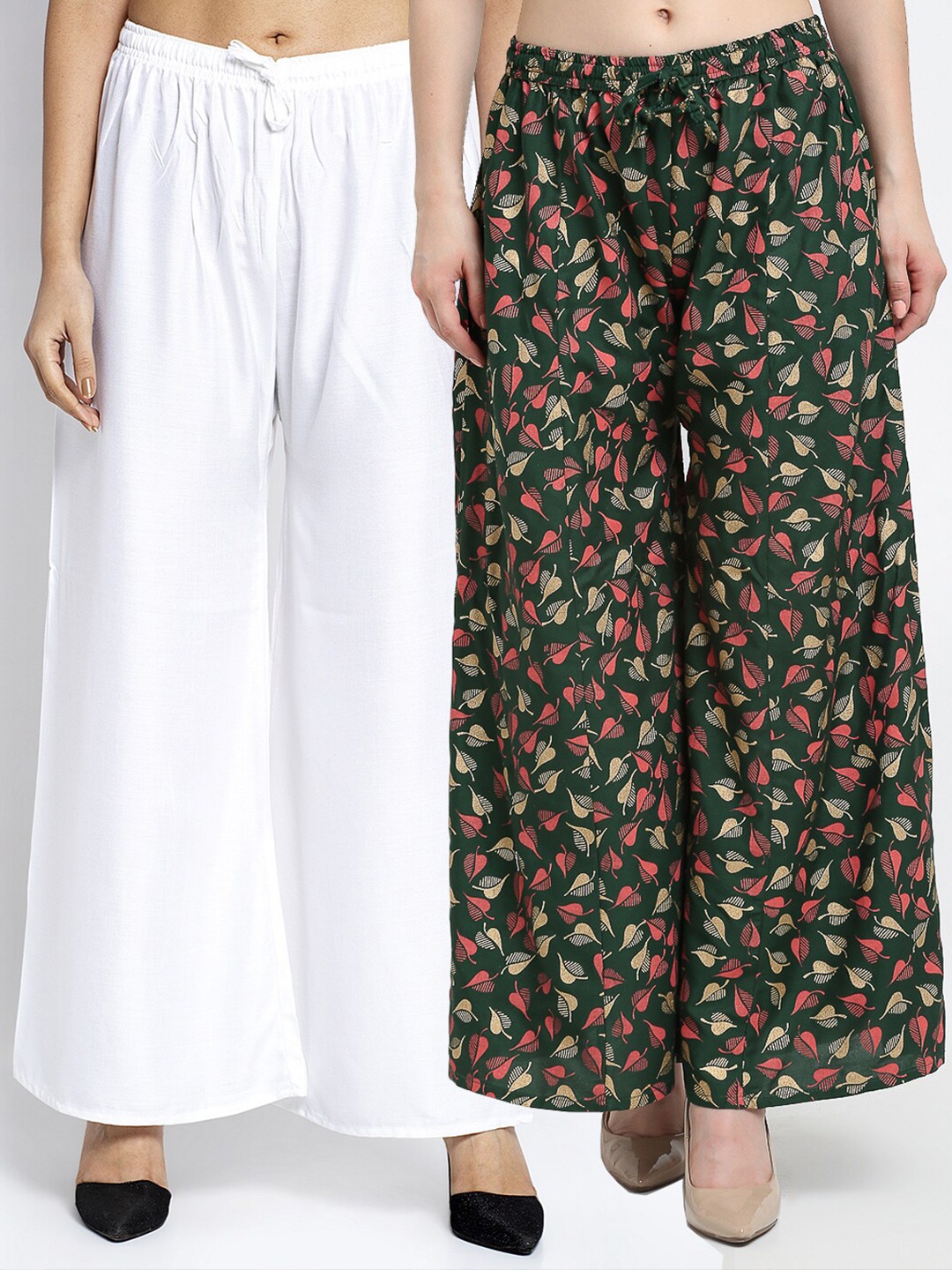 

Jinfo Women White & Green Printed Flared Knitted Ethnic Palazzos Set Of 2
