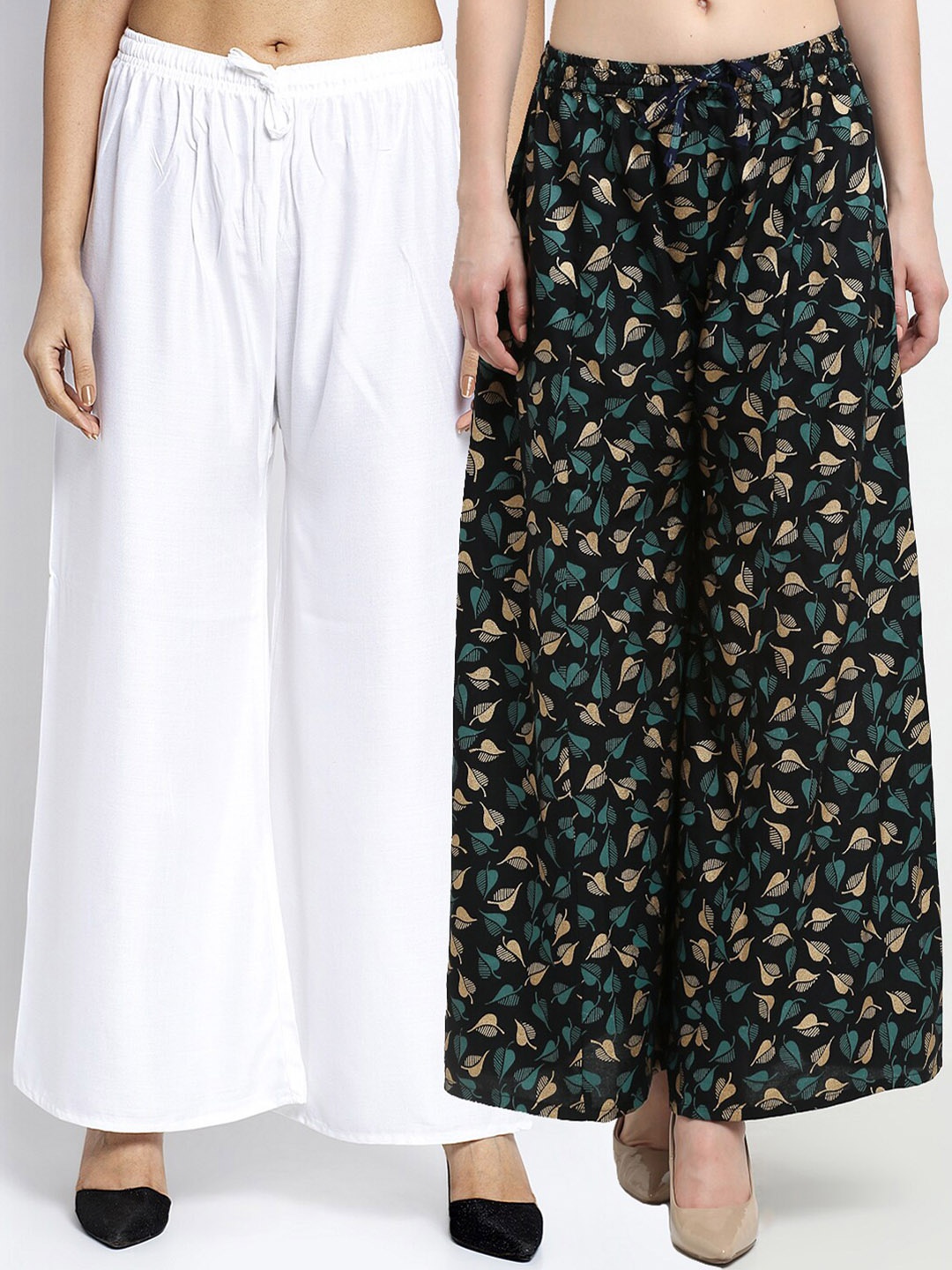 

Jinfo Women White & Black 2 Printed Flared Knitted Ethnic Palazzos