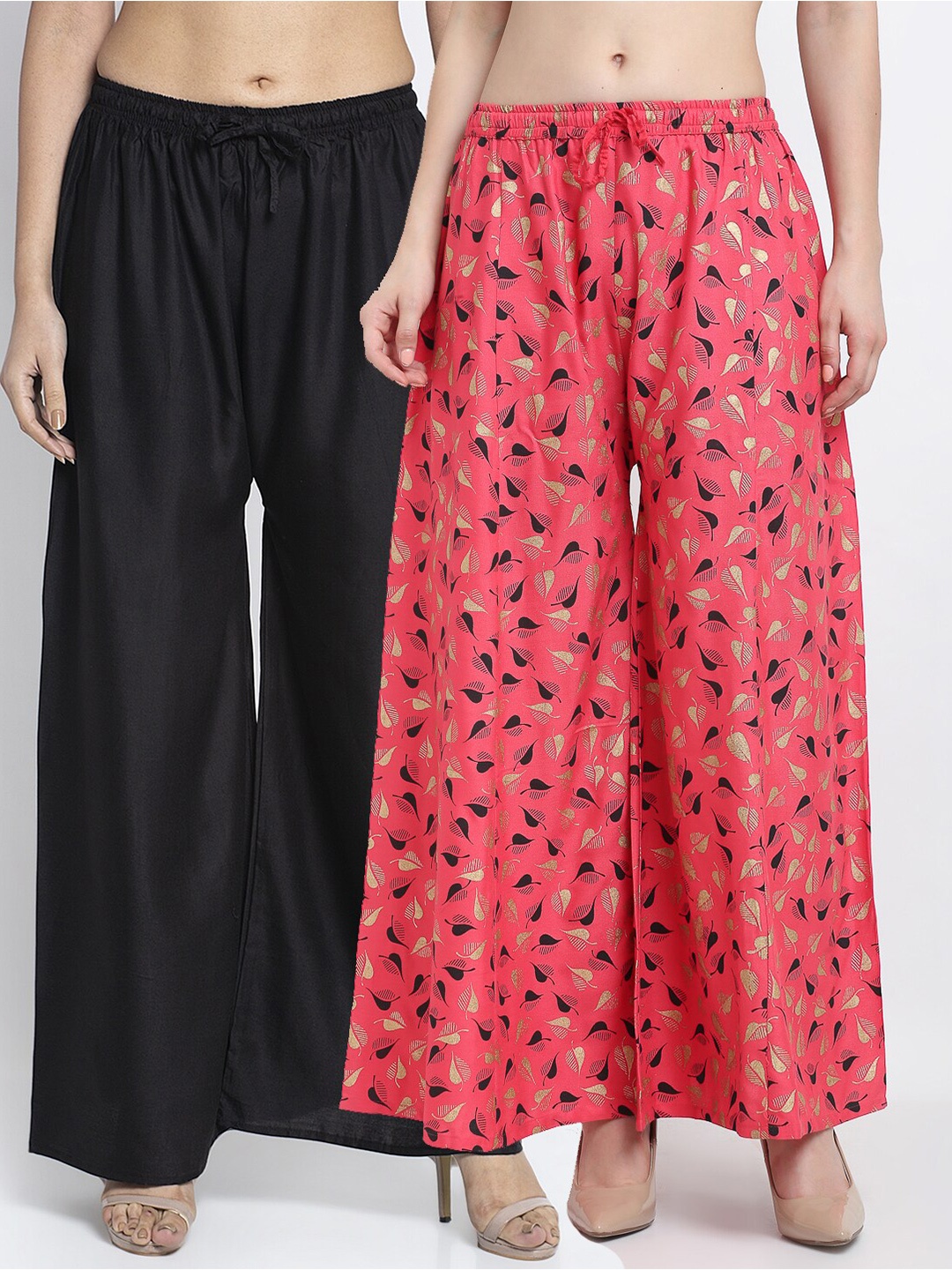 

Jinfo Women Black & Pink 2 Printed Flared Knitted Ethnic Palazzos
