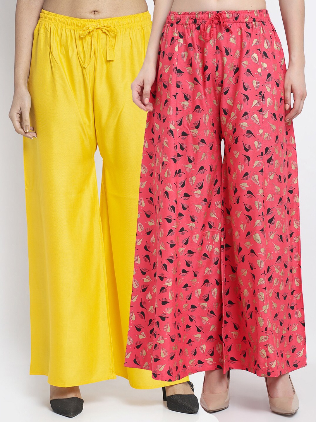 

Jinfo Women Yellow & Pink Printed Flared Knitted Ethnic Palazzos Set Of 2