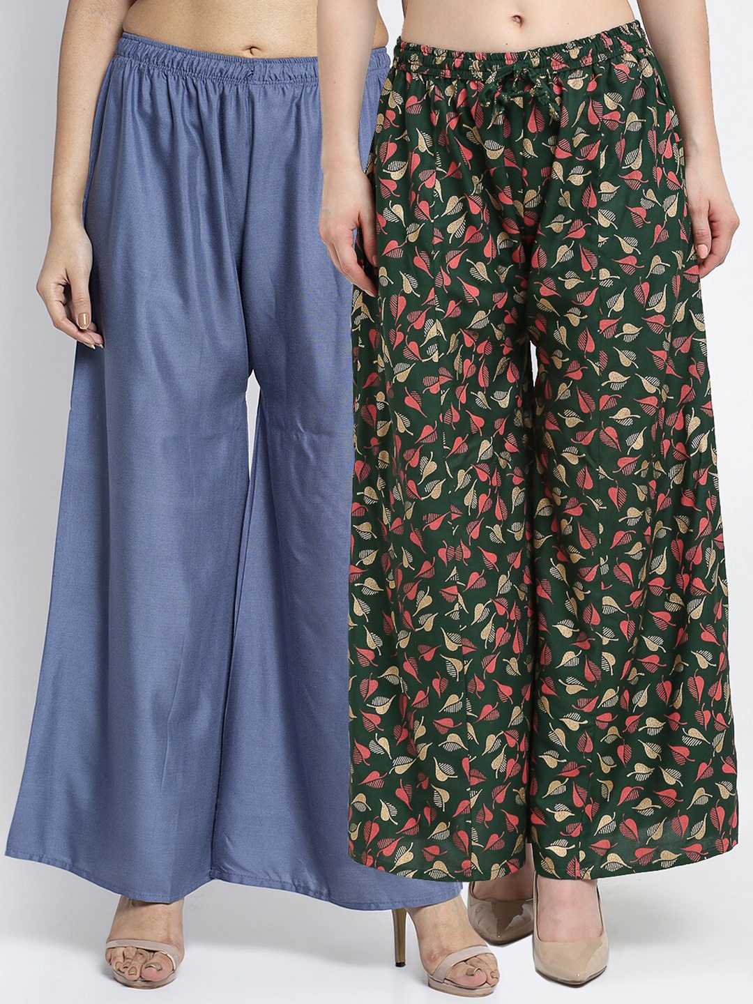 

Jinfo Women Grey & Green Printed Flared Knitted Ethnic Palazzos Set Of 2