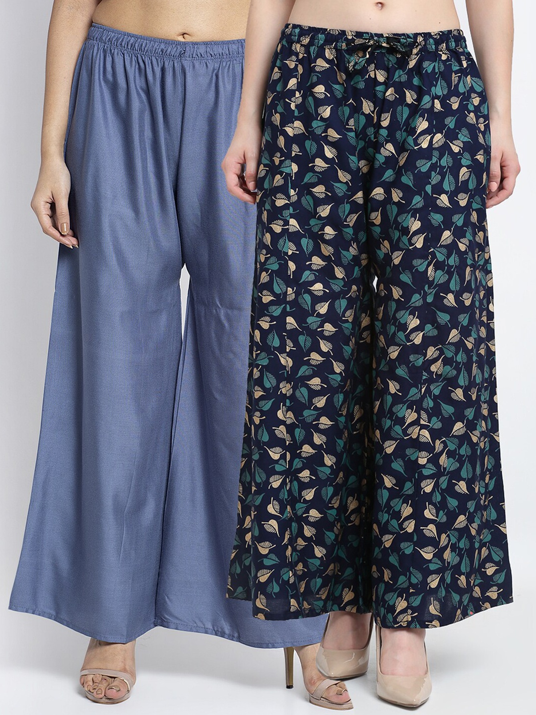 

Jinfo Women Grey & Navy Blue 2 Printed Flared Knitted Ethnic Palazzos