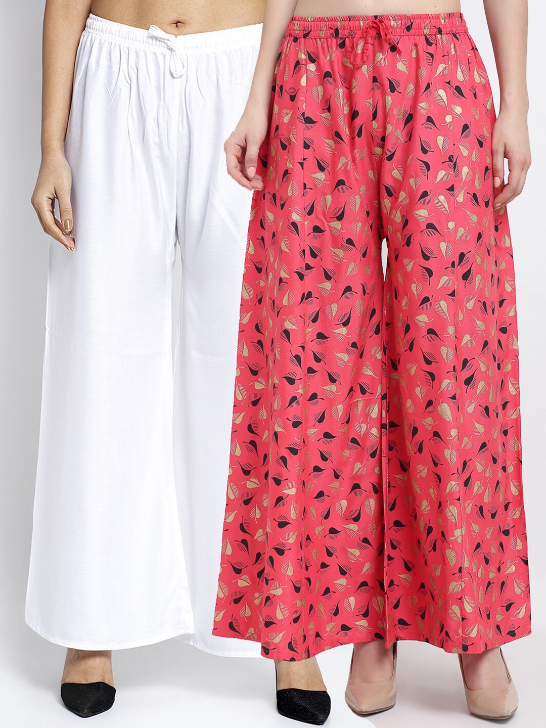 

Jinfo Women White & Pink 2 Printed Flared Knitted Ethnic Palazzos
