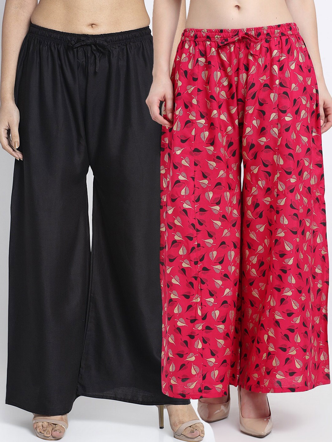 

Jinfo Women Black & Pink 2 Printed Flared Knitted Ethnic Palazzos