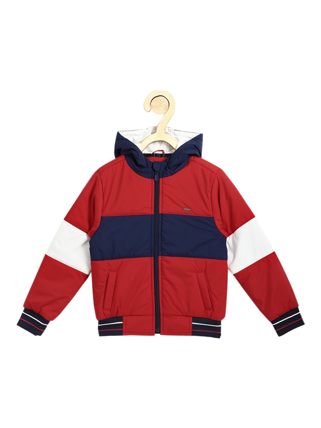 

Allen Solly Junior Boys Red Colourblocked Bomber with Patchwork Jacket