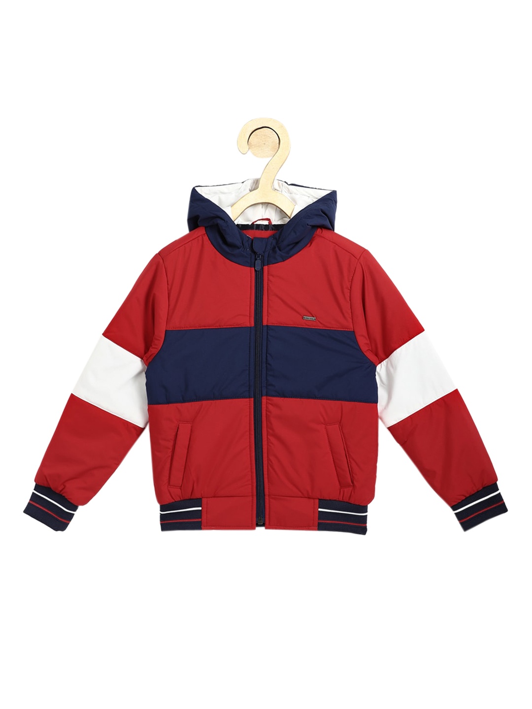 

Allen Solly Junior Boys Red Navy Blue Colourblocked Bomber Jacket