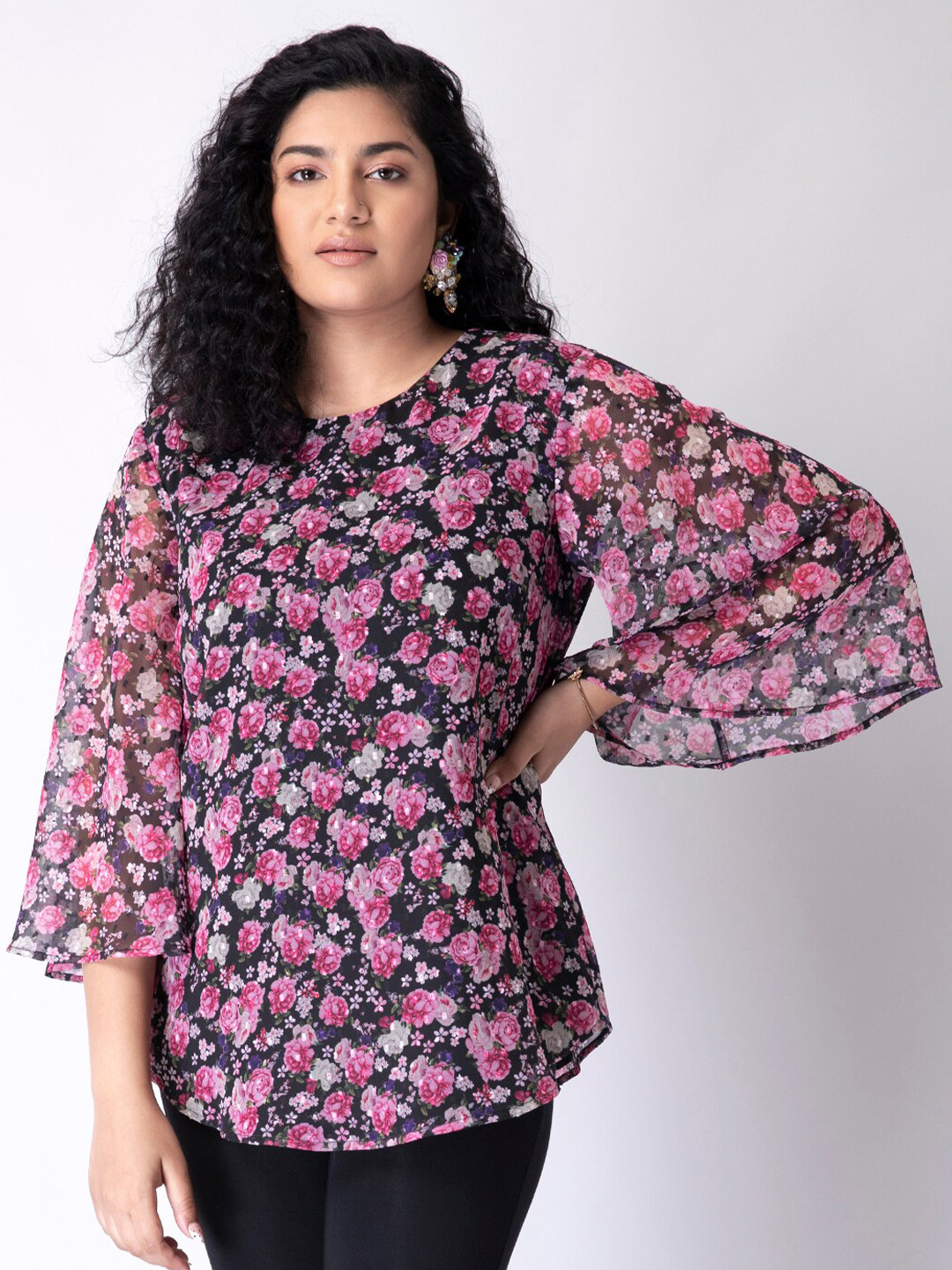 

FabAlley Curve Black & Pink Floral Print Georgette Top