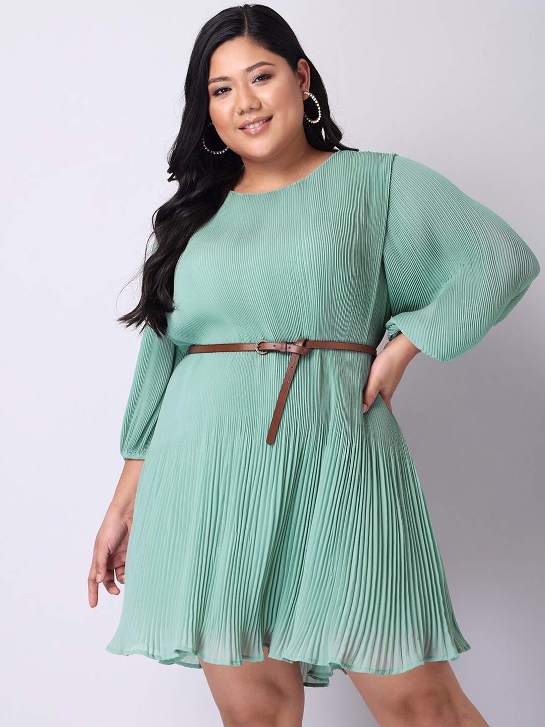 

FabAlley Curve Women Plus Size Green Accordion Pleated Georgette Dress With Belt