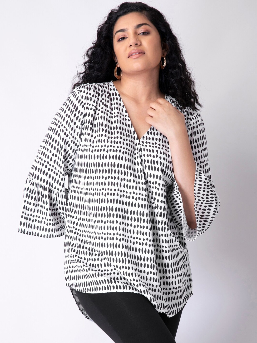 

FabAlley Curve White & Black Geometric Print Plus Size Georgette Top