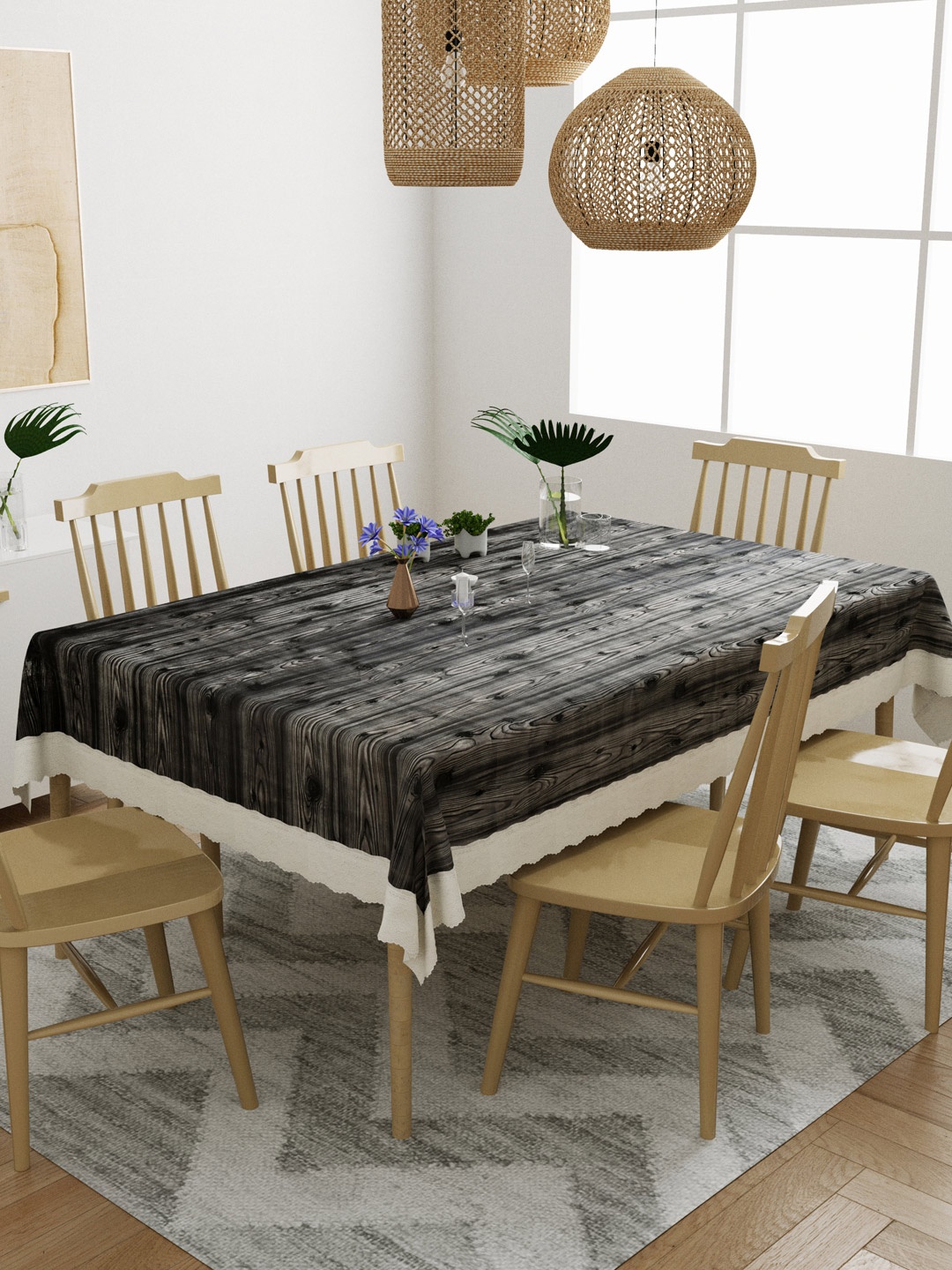 

DREAM WEAVERZ Black & White Wooden Finish Dining 6-Seater Table Cover