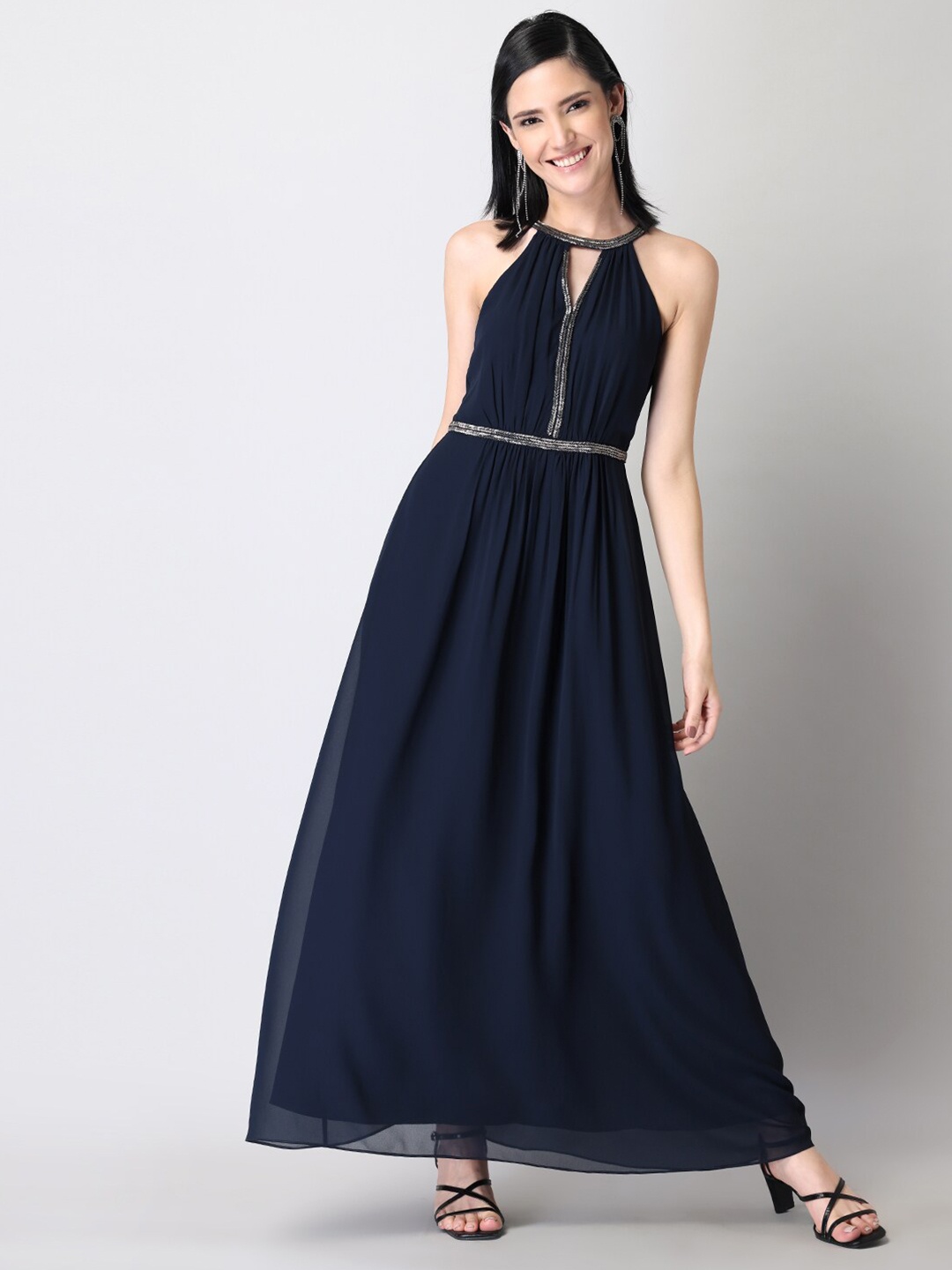 

FabAlley Navy Blue Embellished Halter Neck Georgette Maxi Dress