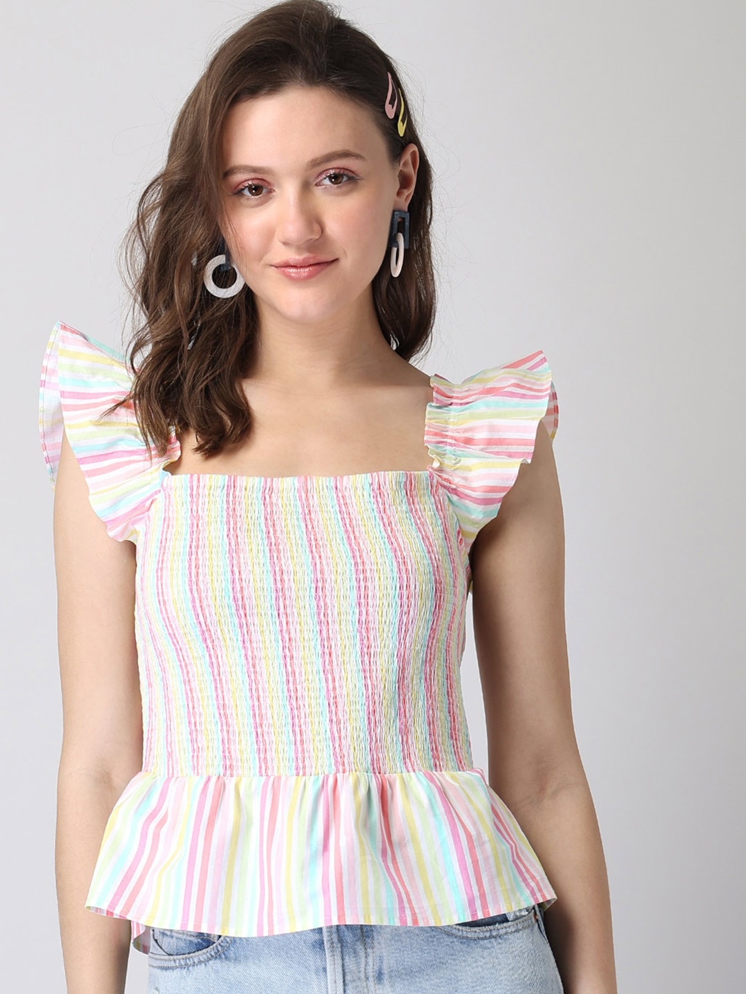 

FabAlley Multicoloured Striped Smocked Pure Cotton Peplum Top, Multi