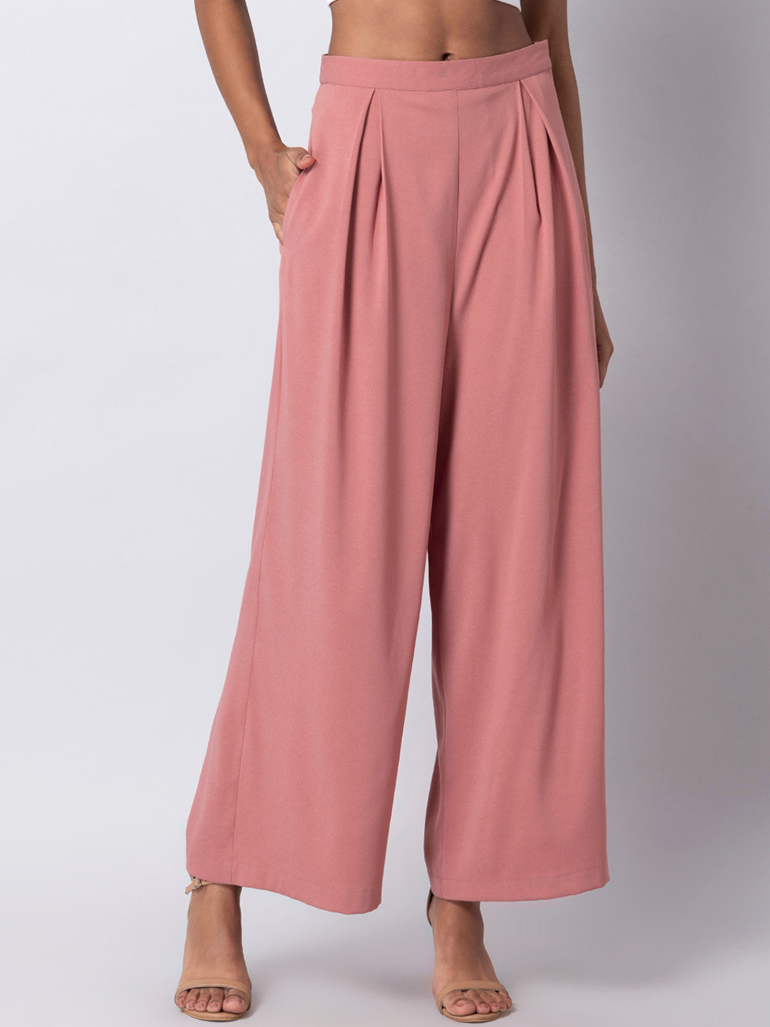 

FabAlley Women Pink Pleated High Waist Wide Leg Trousers