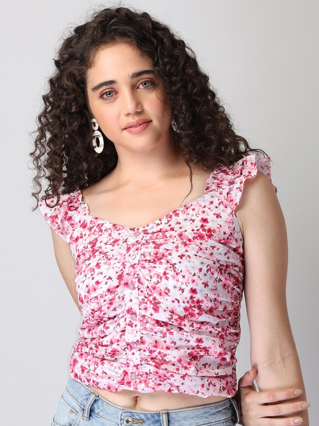 

FabAlley Pink & White Floral Smocked Ruched Top