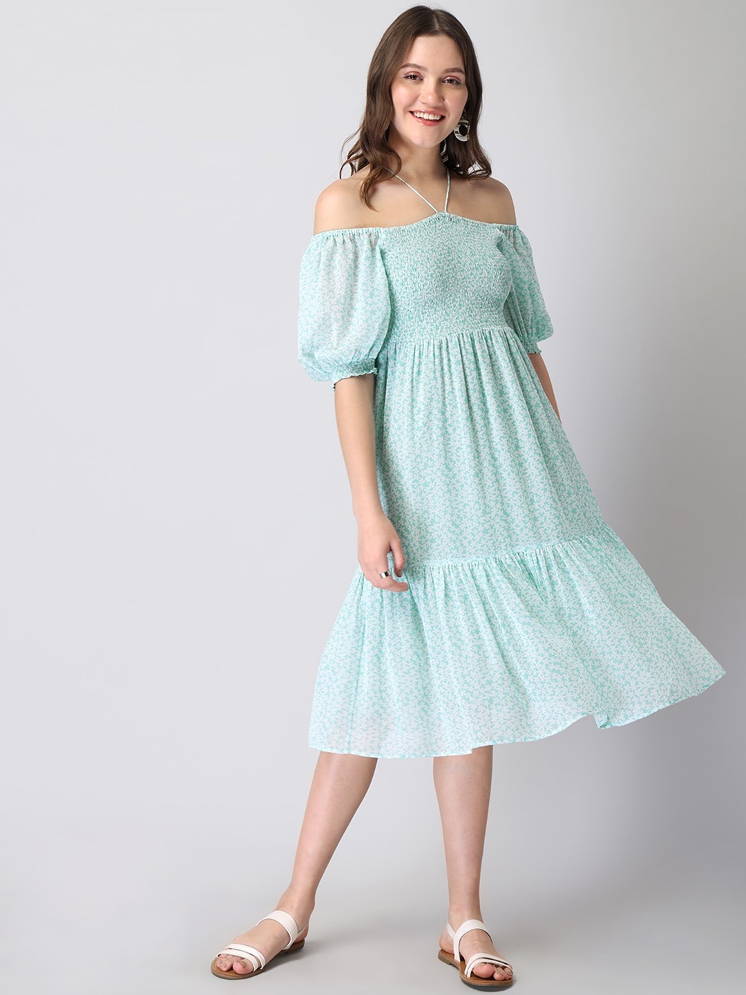 

FabAlley Blue Off-Shoulder Georgette Midi Dress