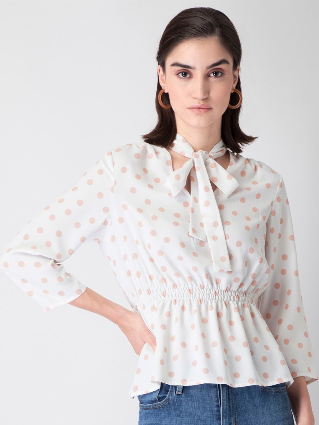 

FabAlley White Print Tie-Up Neck Georgette Cinched Waist Top