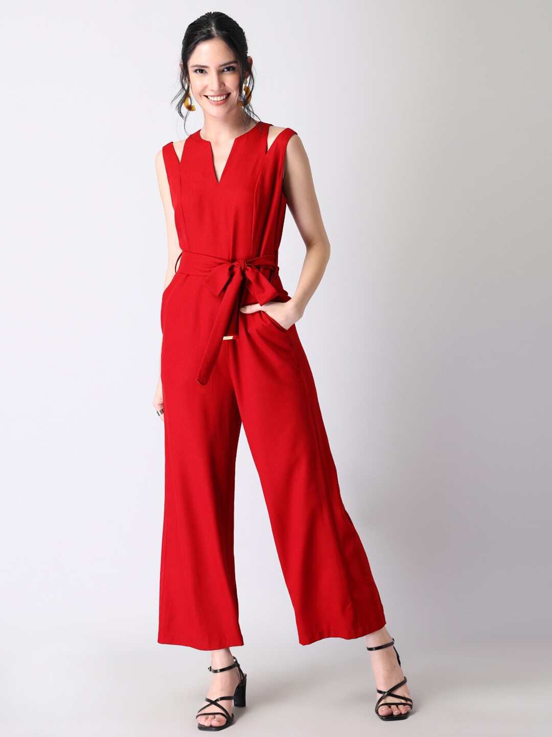 

FabAlley Maroon Cut Out Belted Basic Jumpsuit