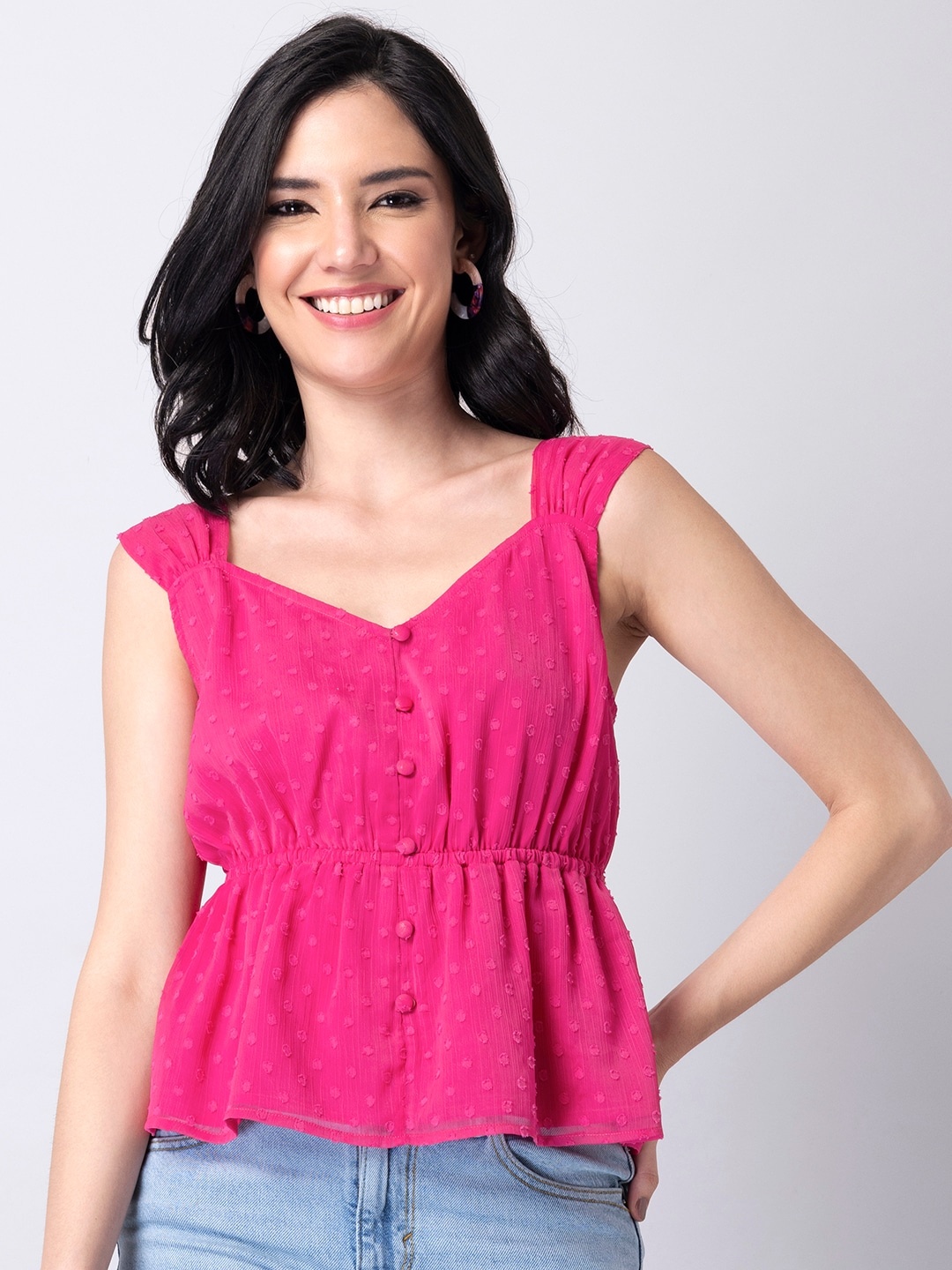 

FabAlley Fuchsia Sweetheart Neck Georgette Cinched Waist Top