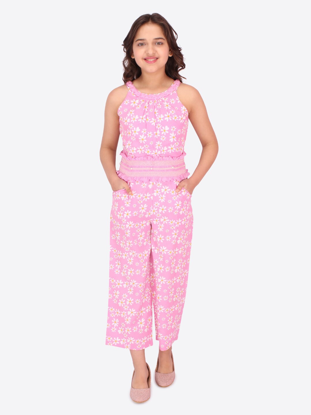 

CUTECUMBER Girls Pink & White Printed Culotte Jumpsuit