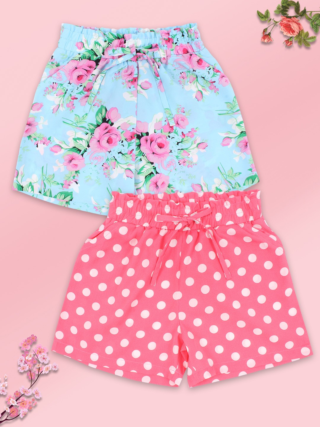 

CUTECUMBER Girls Pack Of 2 Pink & Blue Floral Printed Regular-Fit Shorts