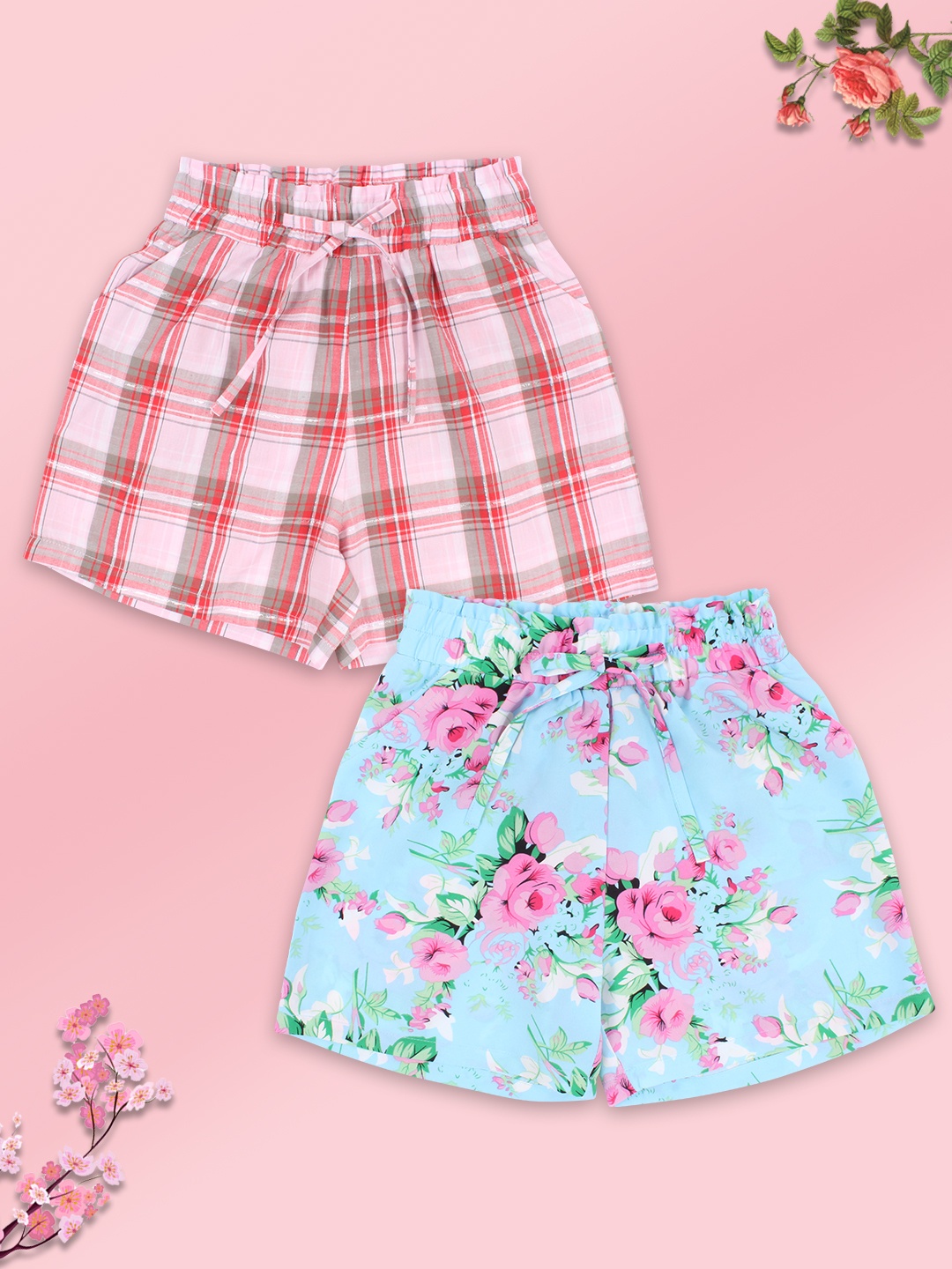 

CUTECUMBER Pack of 2 Girls Pink & Blue Printed Shorts