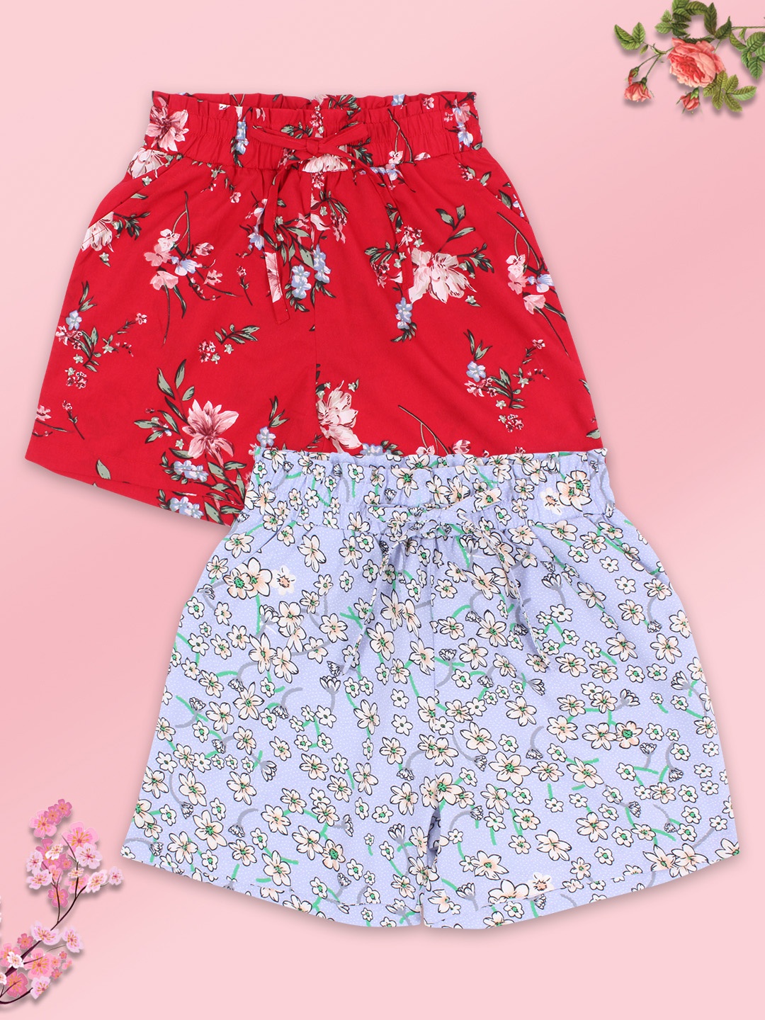 

CUTECUMBER Girls Pack of 2 Floral Printed Shorts, Purple
