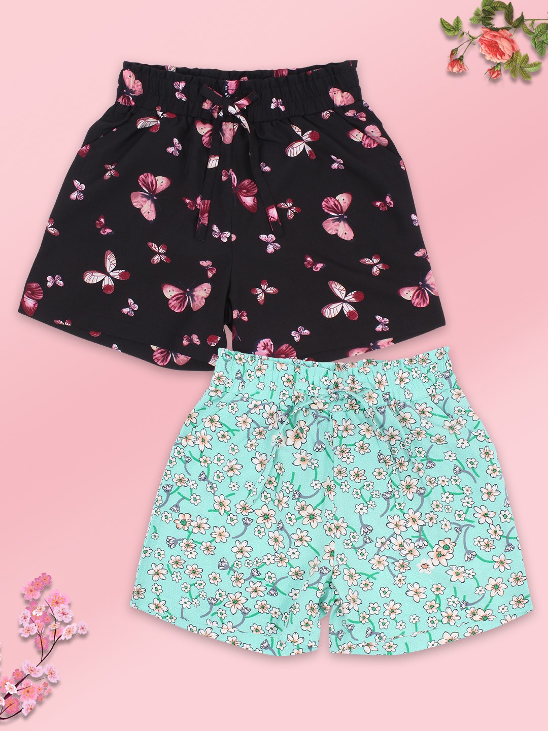

CUTECUMBER Girls Pack Of 2 Black & Blue Floral Printed Shorts
