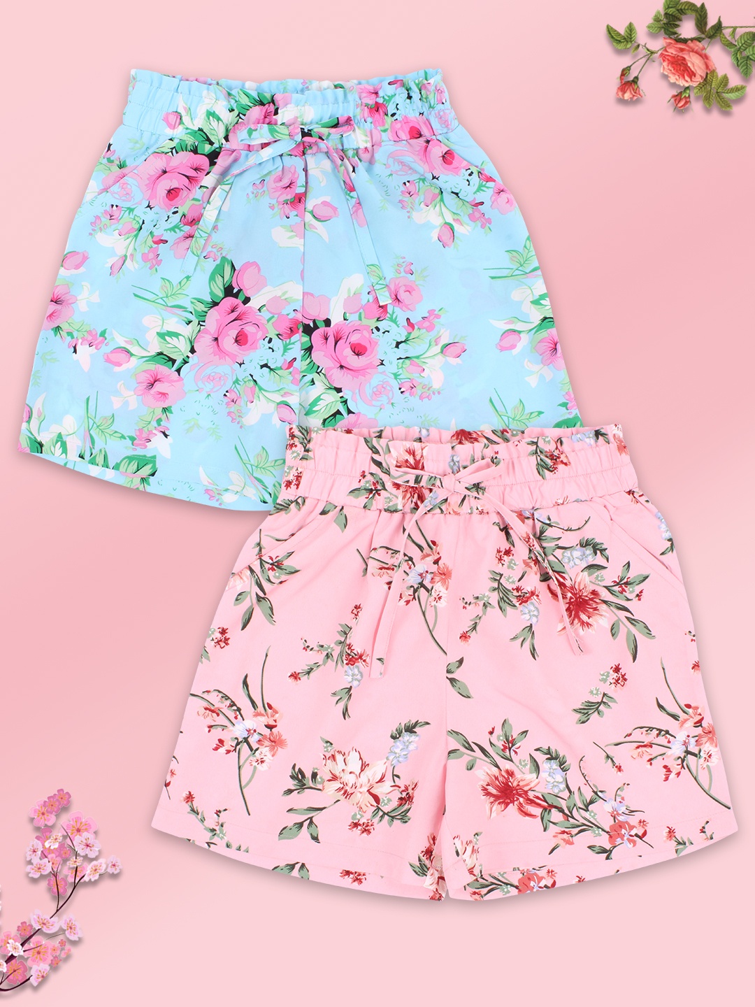 

CUTECUMBER Girls Pack of 2 Floral Printed Regular Fit Shorts, Blue