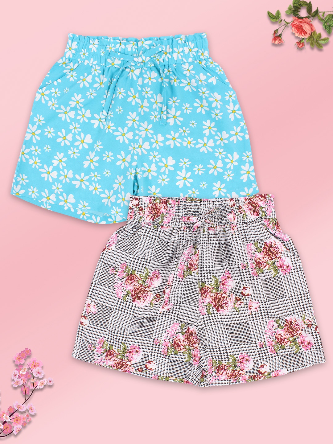 

CUTECUMBER Girls Pack Of 2 Blue & Grey Floral Printed Shorts