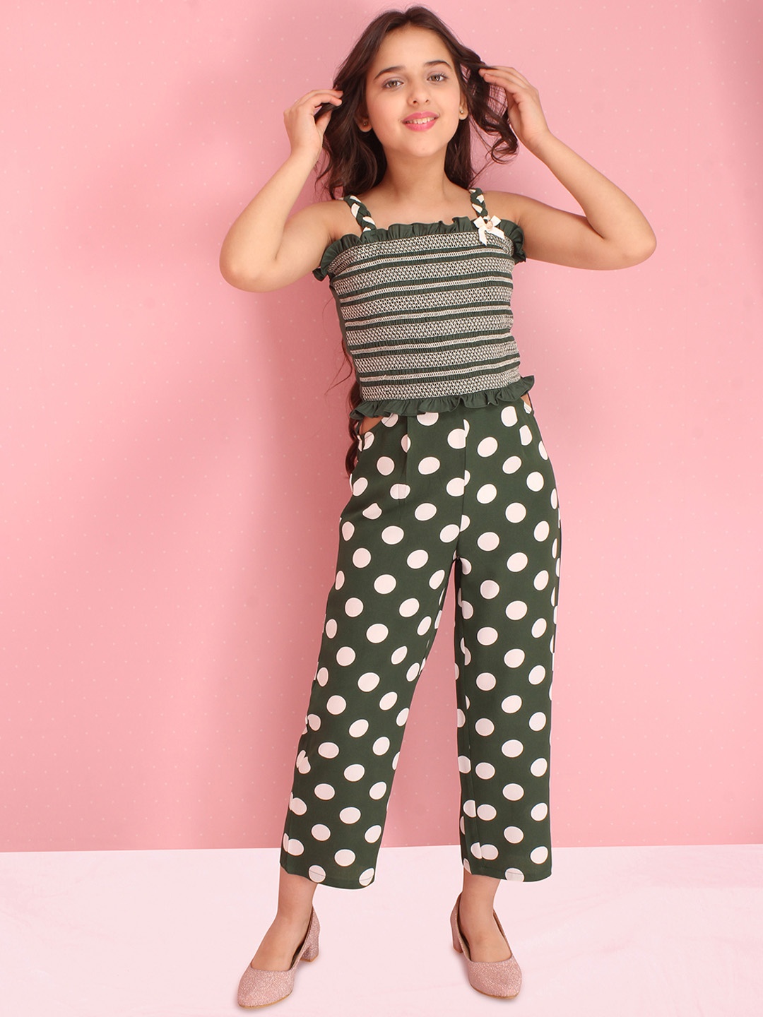 

CUTECUMBER Girls Green & White Printed Basic Jumpsuit