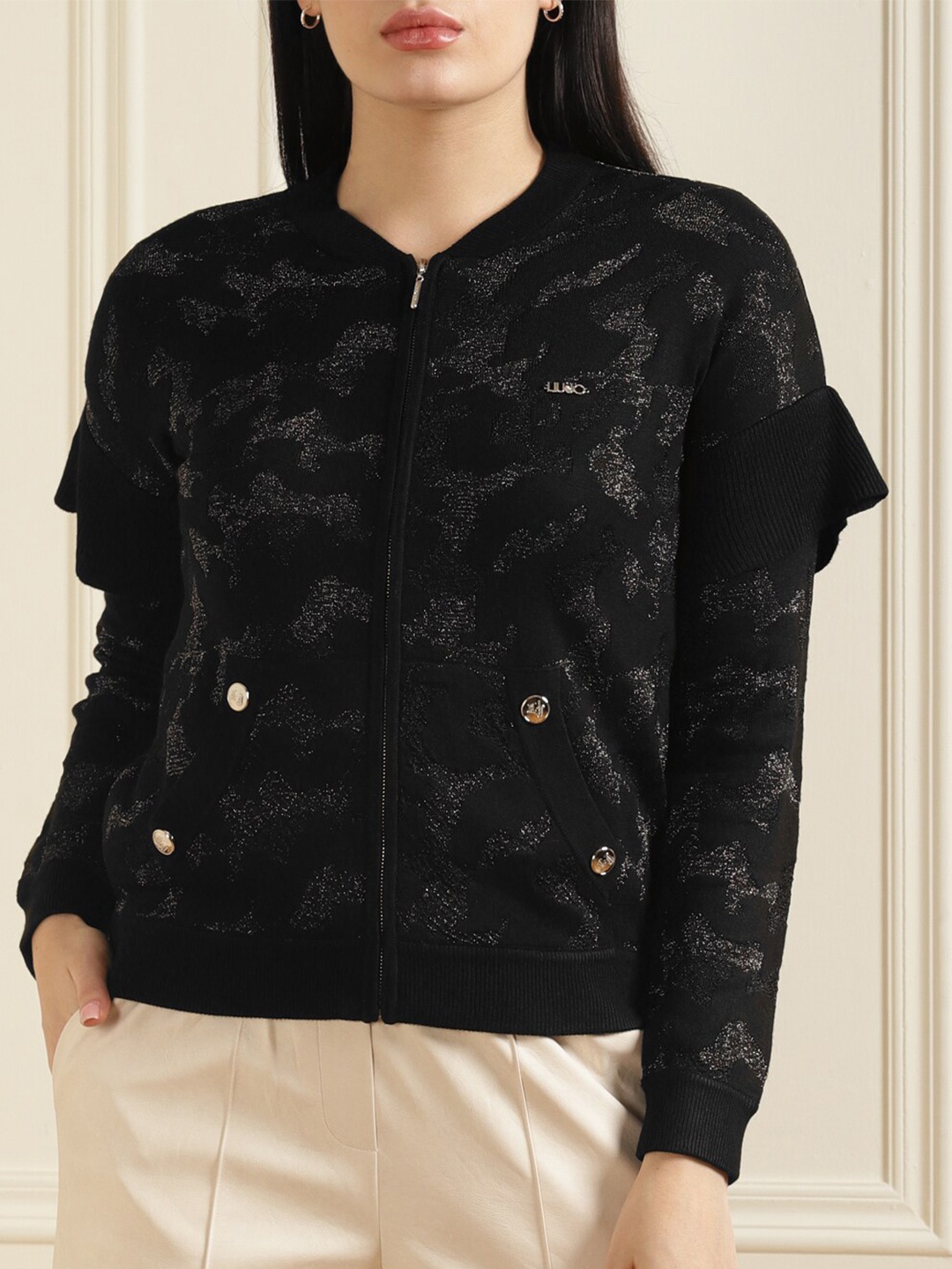 

LIU JO Women Black & Grey Animal Printed Pure Cotton Front-Open Sweater
