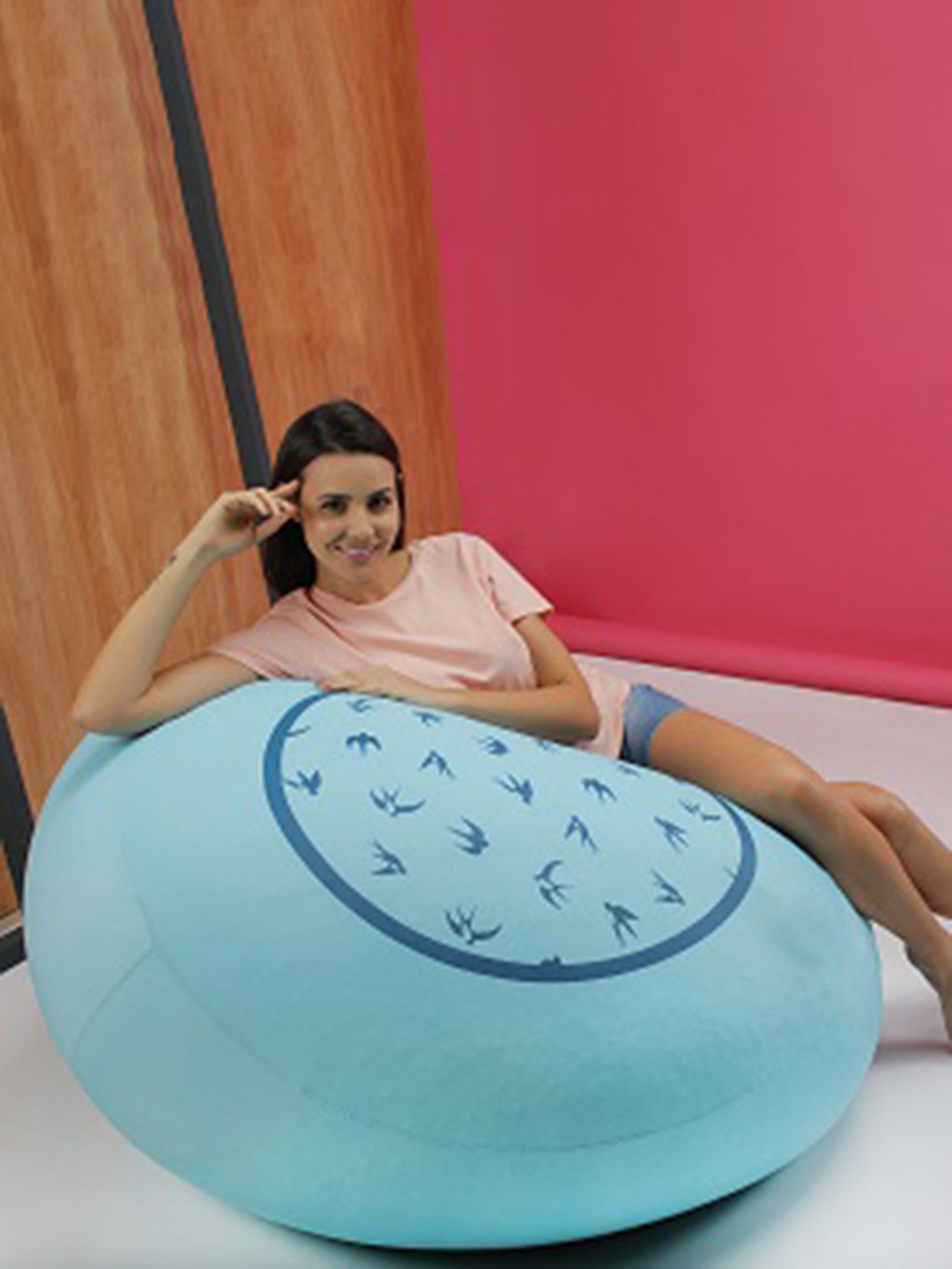 Cortina Blue Printed Round Stretchable Spandex Bean Bag Cover XXL