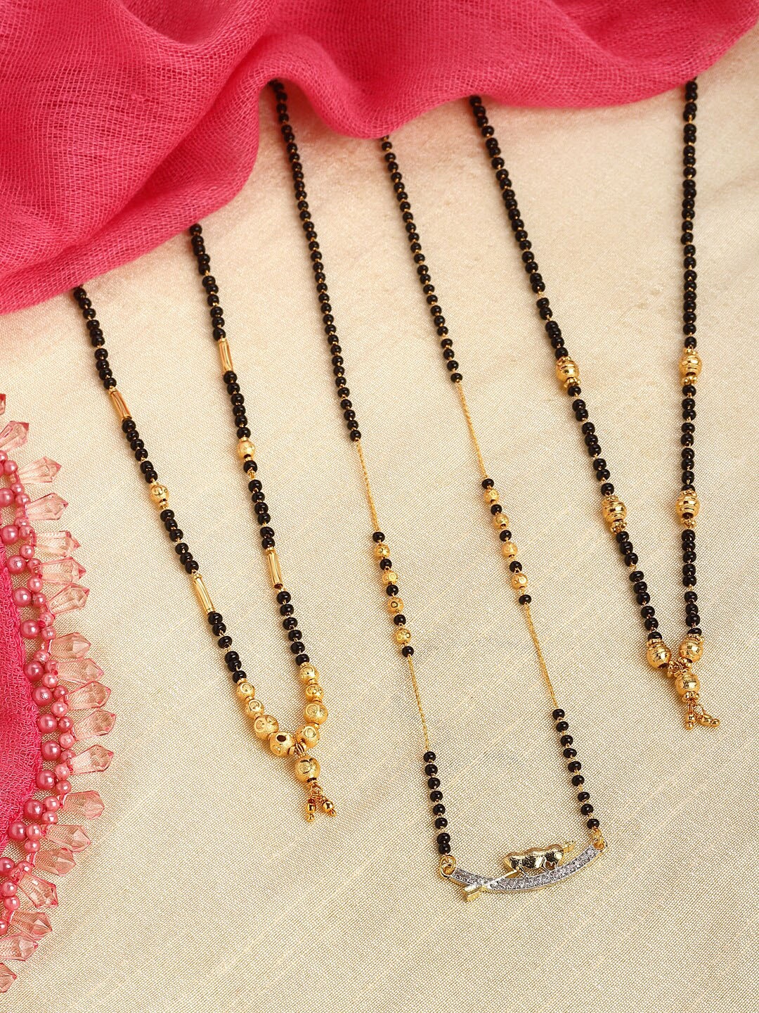 

ZENEME Set Of 3 Gold-Plated & Black Beaded AD Studded Mangalsutra