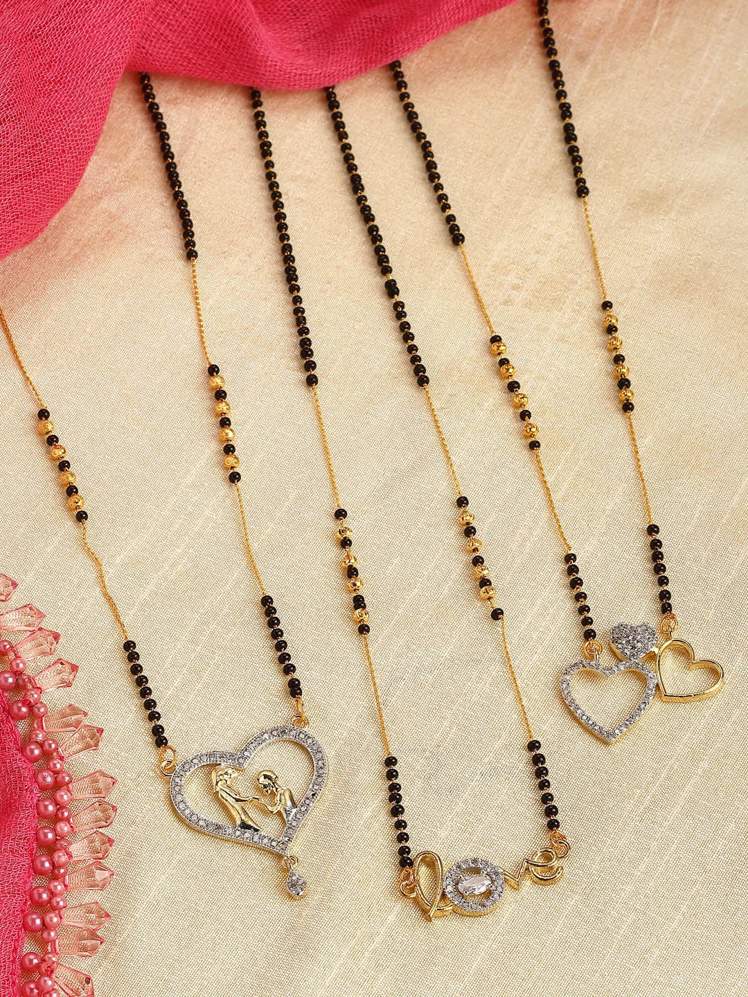 

ZENEME Set of 3 Gold-Plated Black & White AD-Studded & Beaded Heart Shaped Mangalsutra