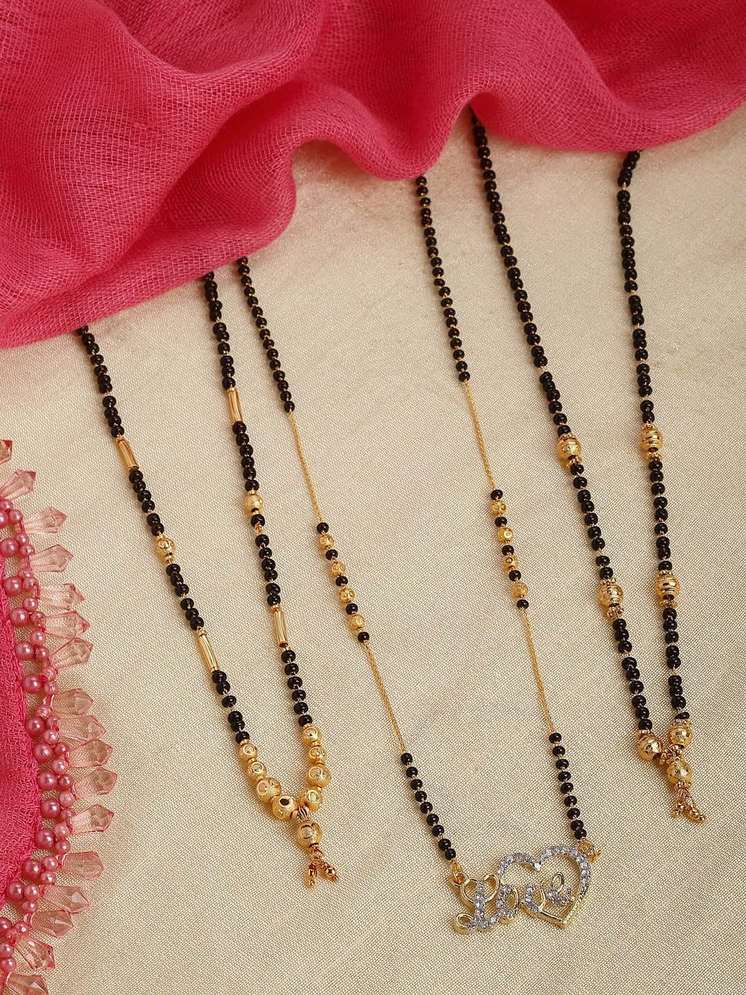 

ZENEME Set Of 3 Gold-Plated AD-Studded Black Beaded Mangalsutra