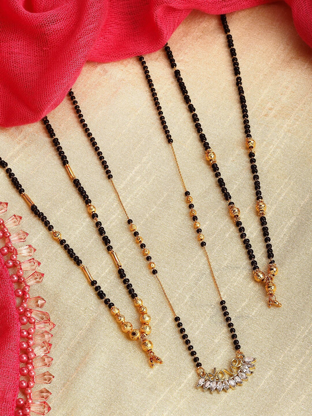 

ZENEME Set Of 3 Gold-Plated & Black AD-Studded & Beaded Mangalsutra