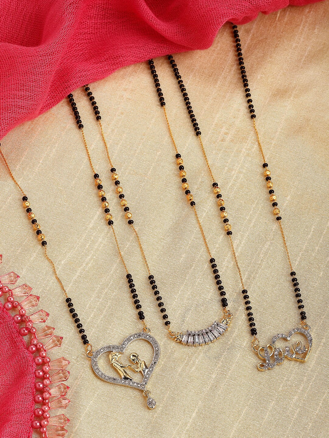 

ZENEME Gold-Plated Black Beaded White Set of 3 Stone Studded Mangalsutra