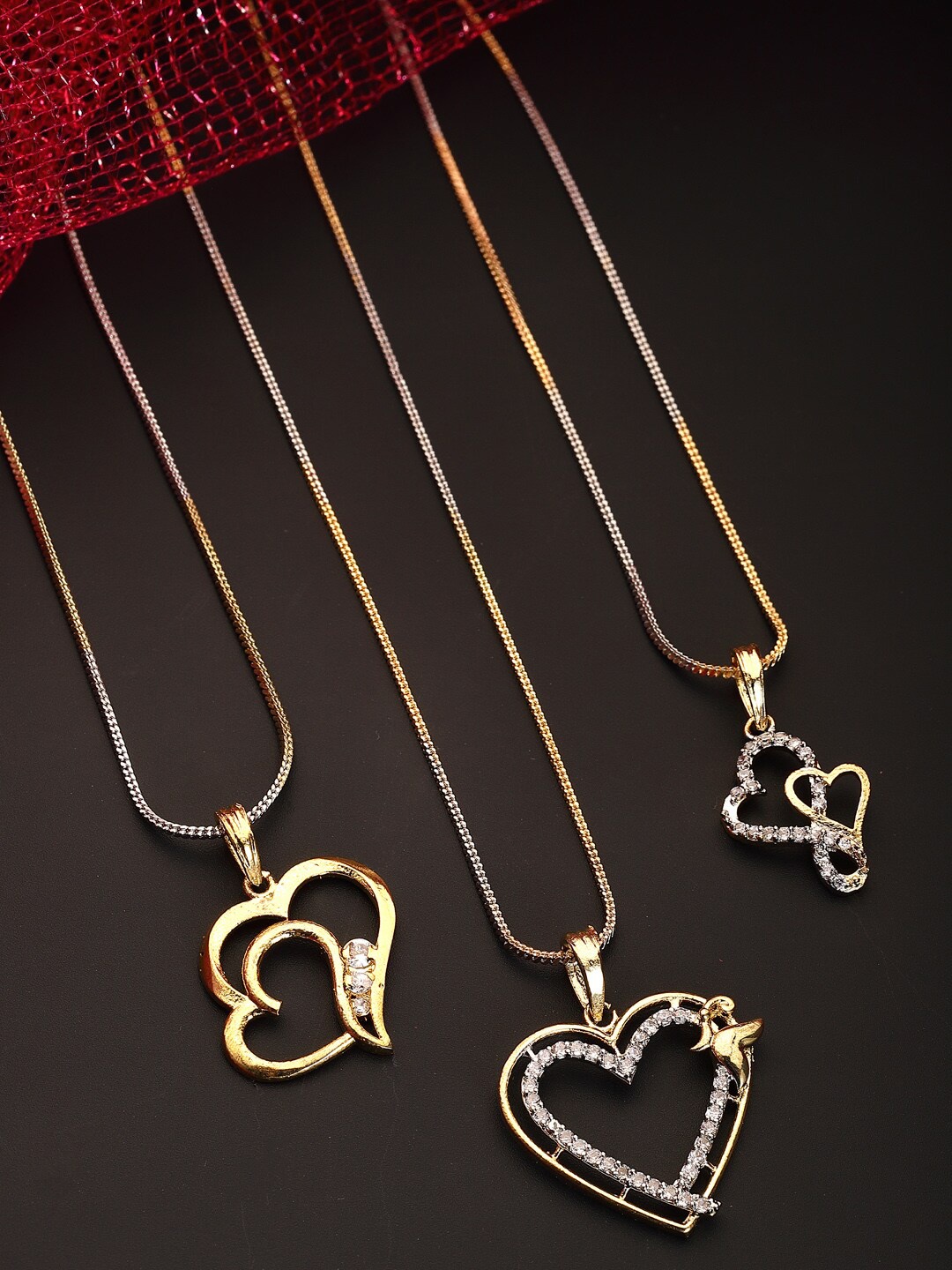 

ZENEME Set Of 3 Gold Plated & White CZ Stone Studded Pendant With Chain