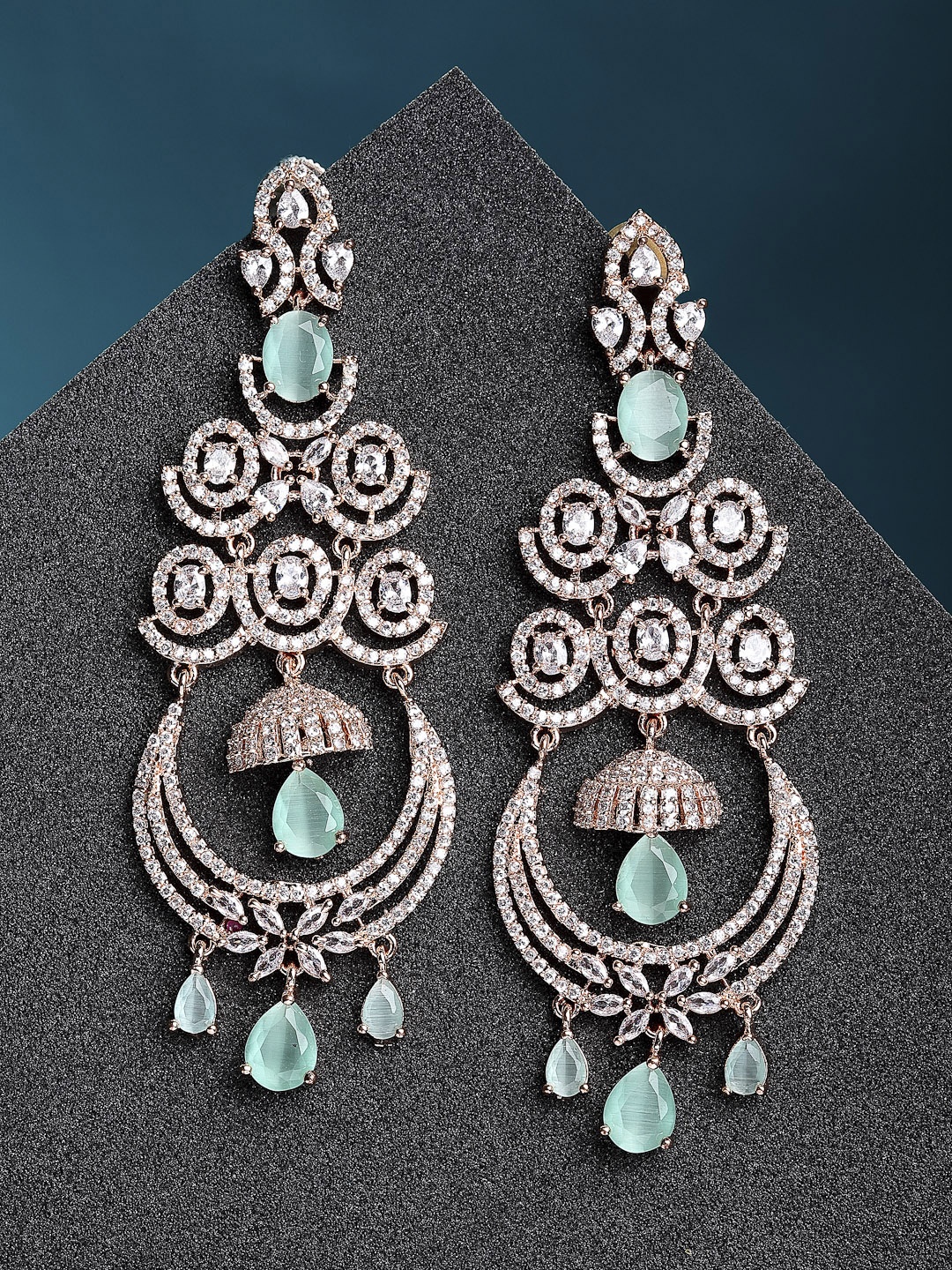 

ZENEME Sea Green & Silver-Plated Contemporary Chandbalis Earrings
