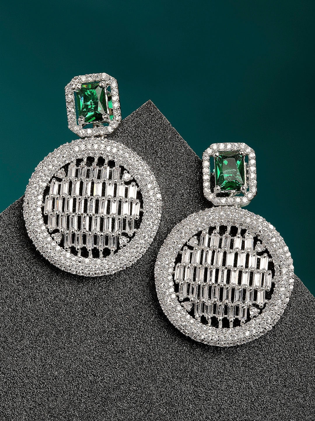 

ZENEME Green & Silver-Plated Geometric Drop Earrings