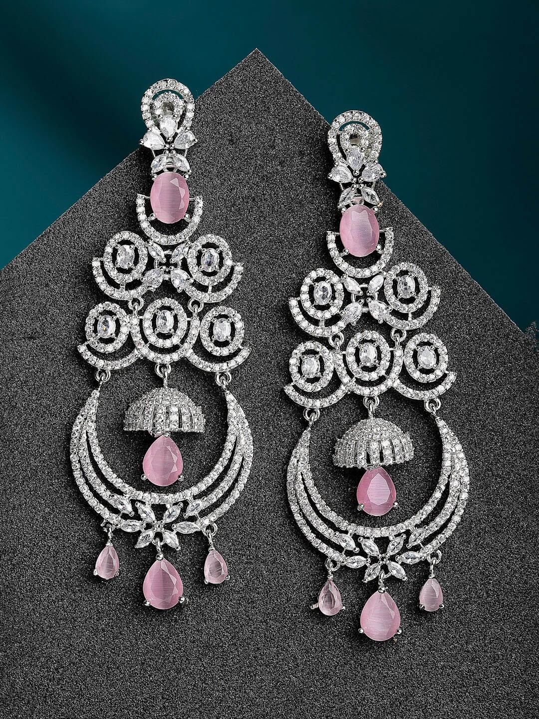 

ZENEME Pink & White Silver-Plated American Diamond Studded Chandelier Earrings