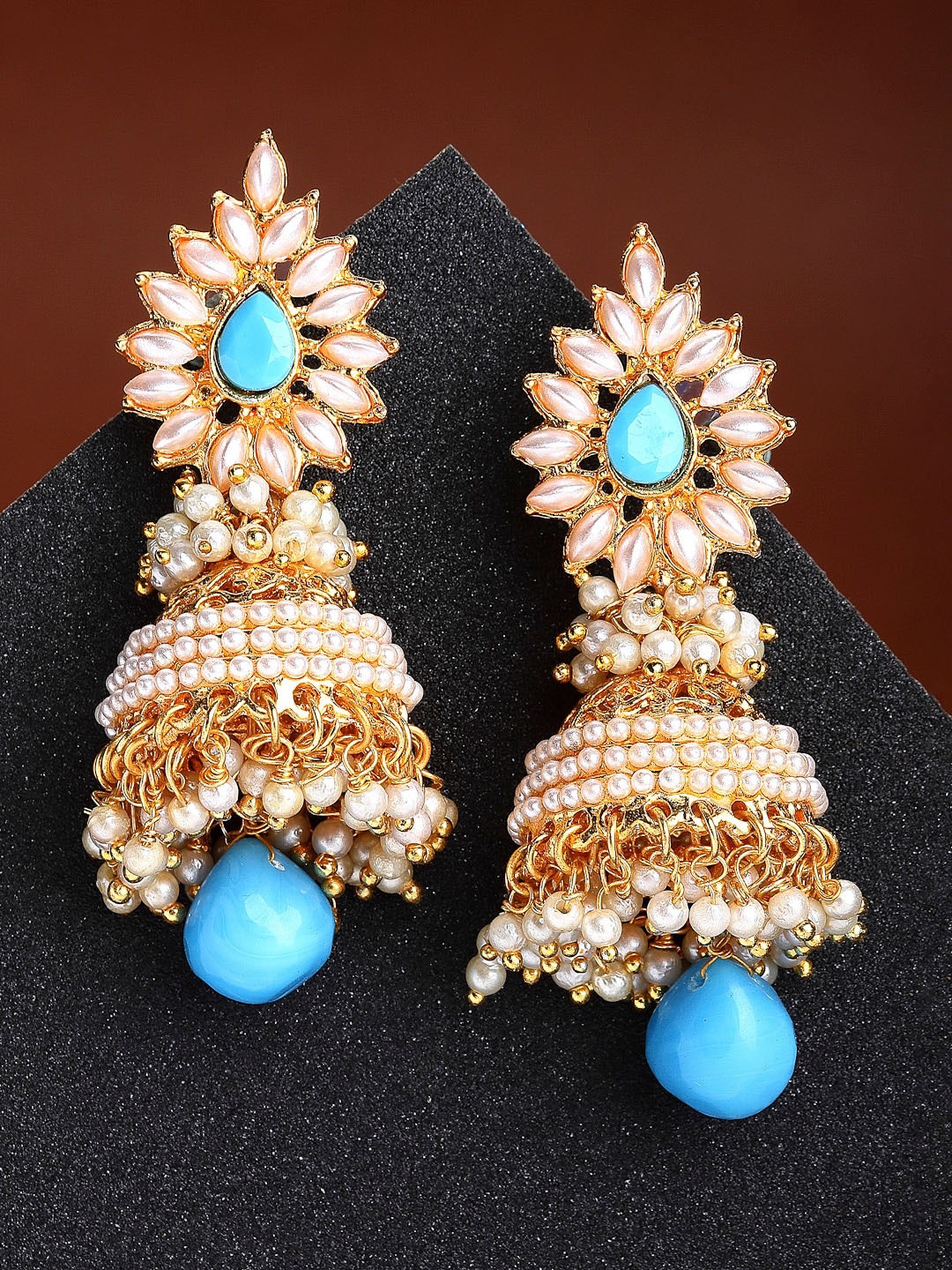 

ZENEME Women Turquoise Blue Teardrop Shaped Gold Plated Jhumkas Earrings