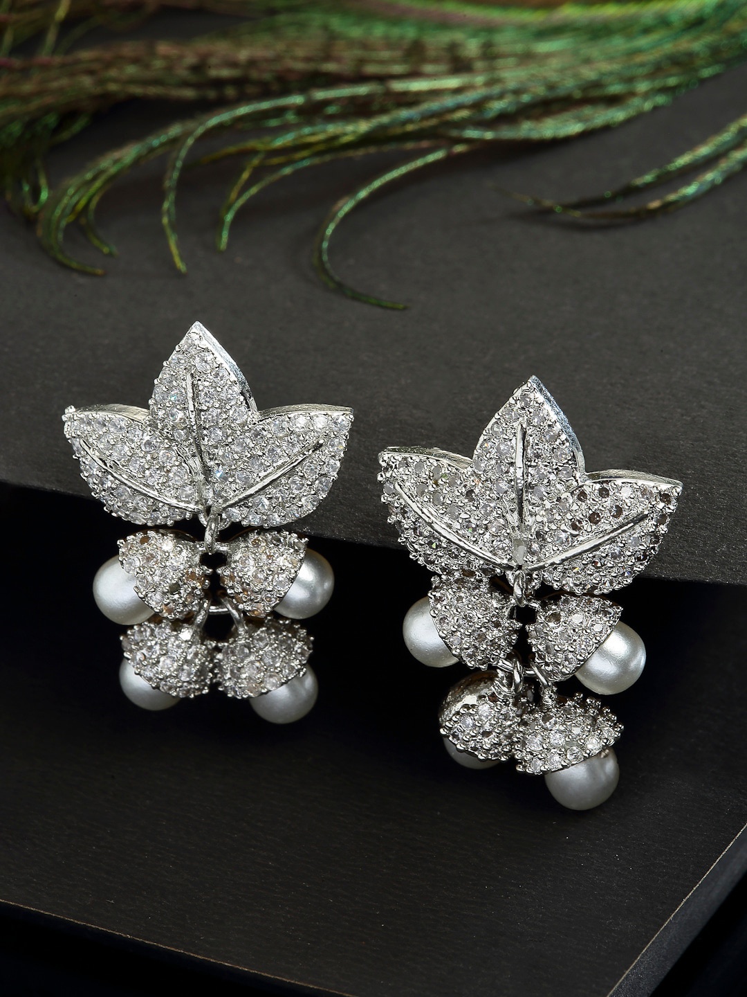 

ZENEME White & Silver-Plated Leaf Shaped Drop Earrings