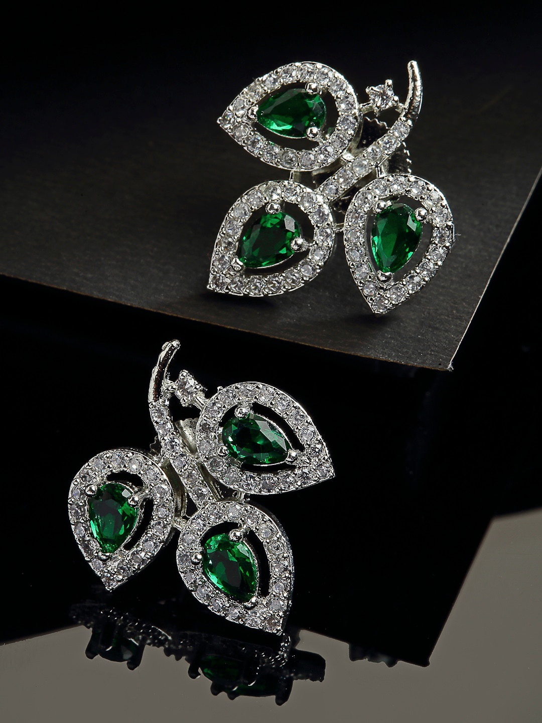 

ZENEME Green Leaf Shaped American Diamond Studs Earrings