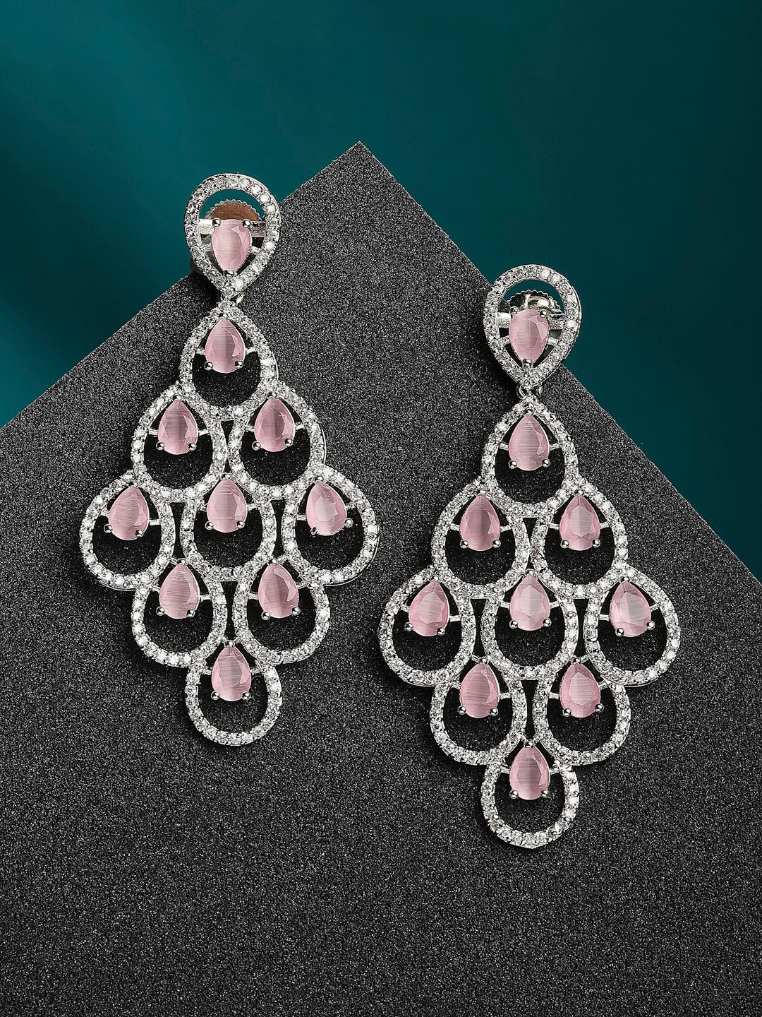 

ZENEME Pink American Diamond Studded Contemporary Drop Earrings