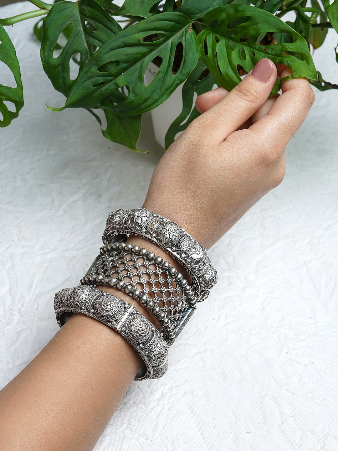 

TEEJH Women 3 Silver-Toned Silver-Plated Bangle-Style Bracelet