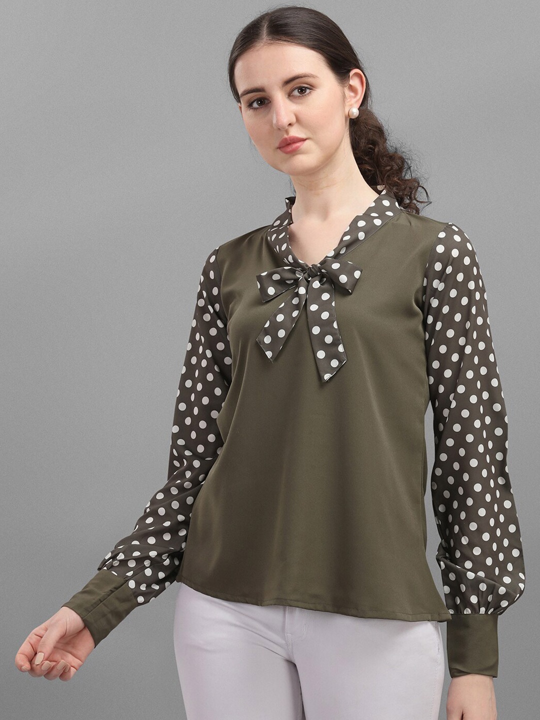 

Amrutam Fab Olive Green Print Tie-Up Neck Top